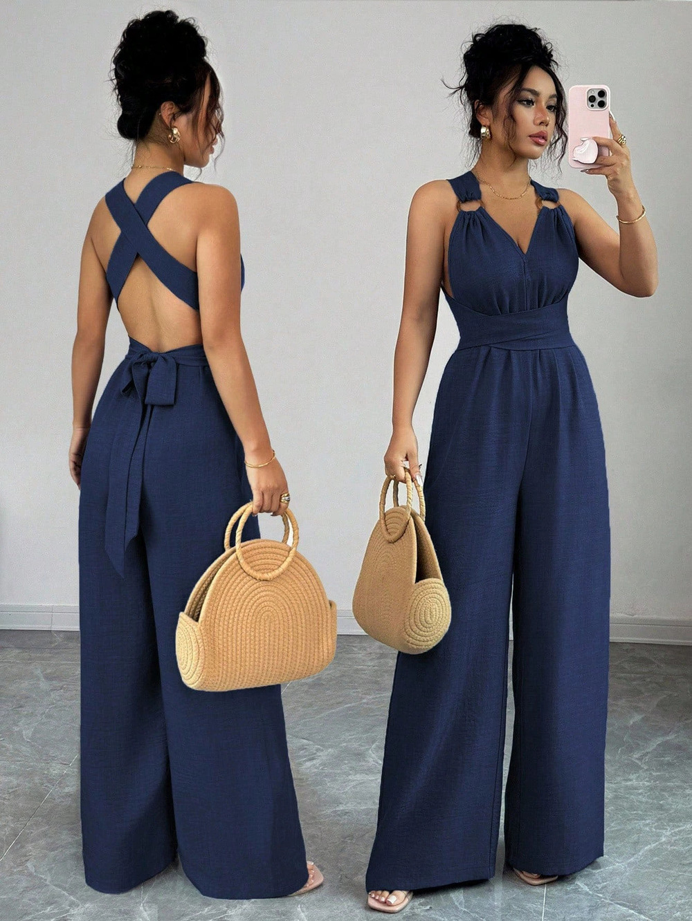 ZARA Halter Backless Waist Tie Wide Leg Jumpsuit Slimming Work Casual